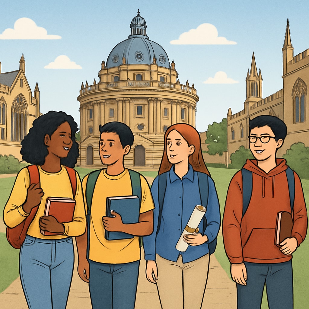 A diverse group of students walking through Oxford University's historic campus, symbolizing inclusion and academic opportunity. Immigrant students at Oxford University facing tuition challenges.
