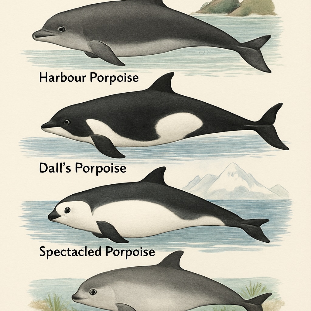 Porpoises, marine life, species illustration showcasing diversity.