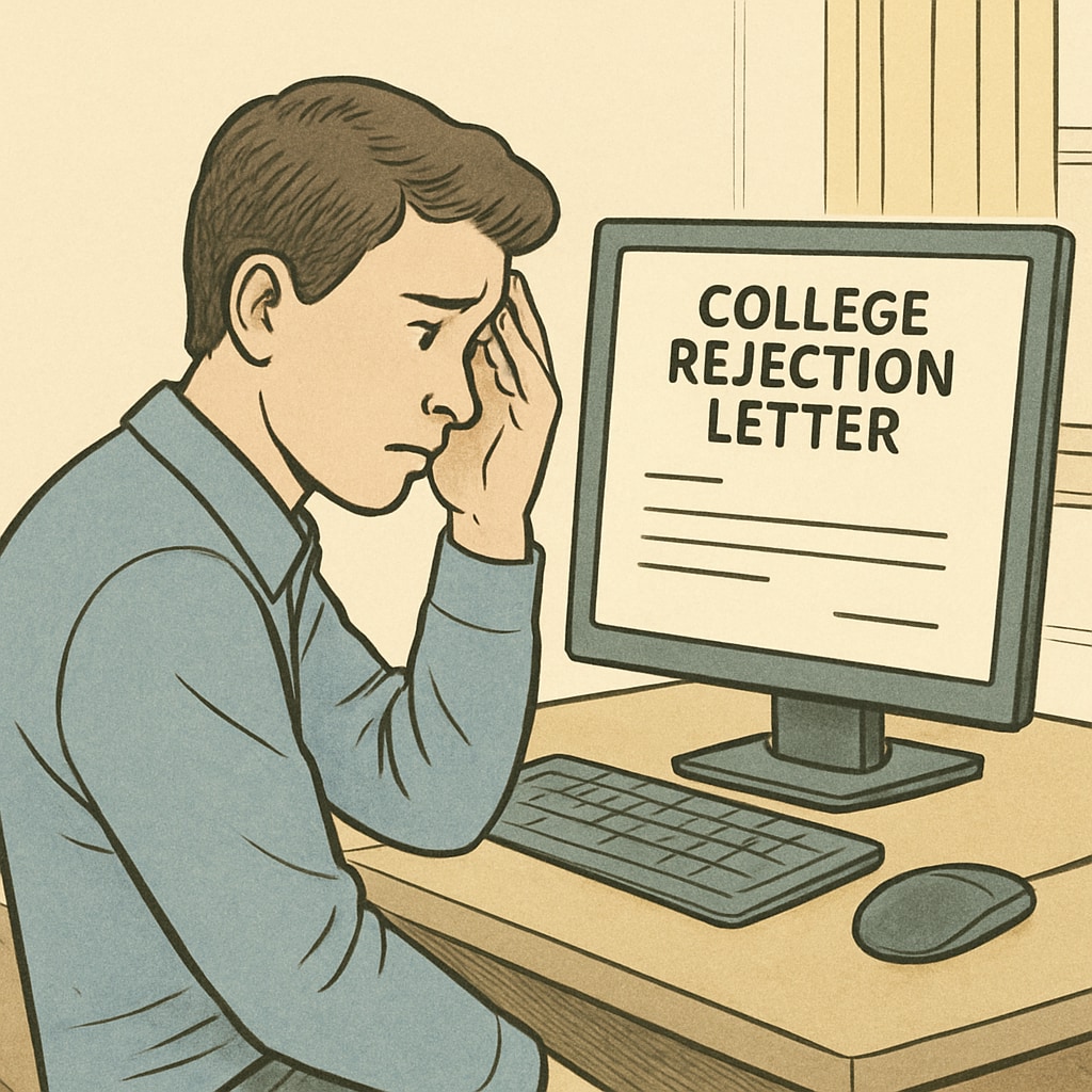 A concerned student looking at a computer screen with a college rejection letter displayed. A student reacting to a college rejection letter, highlighting the risks of dishonesty in applications.