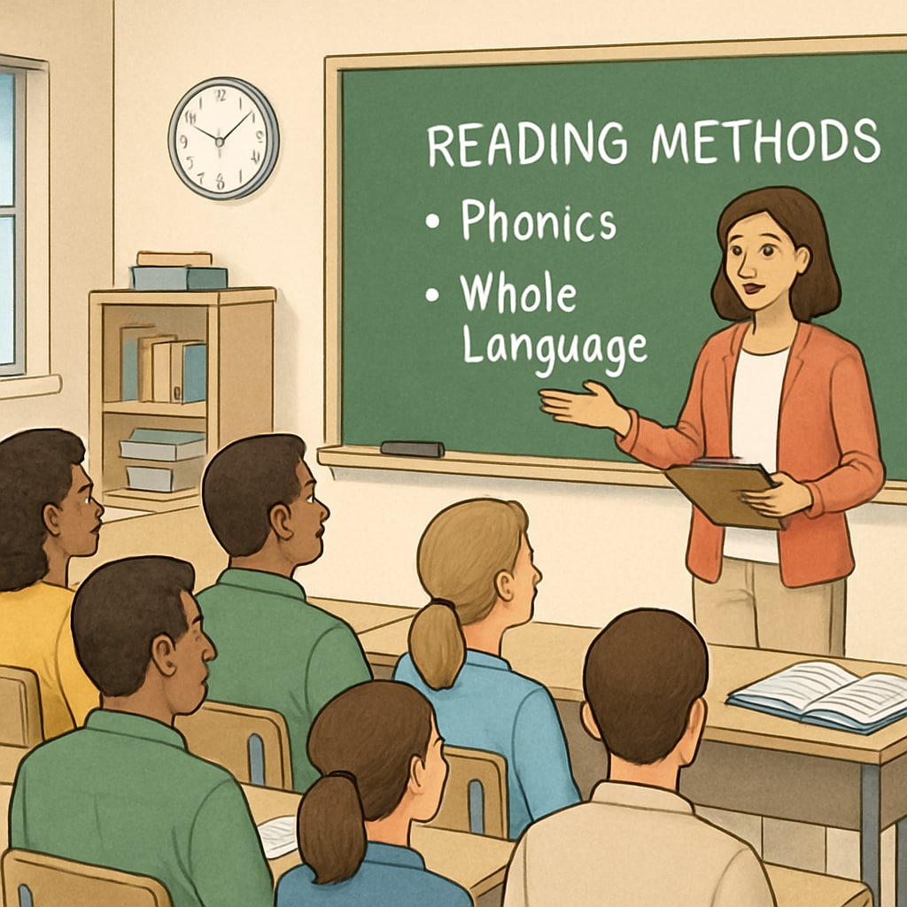 A classroom with a teacher explaining reading methods to parents during a workshop. Teacher explaining reading methods including whole language and phonics to parents in a classroom setting.
