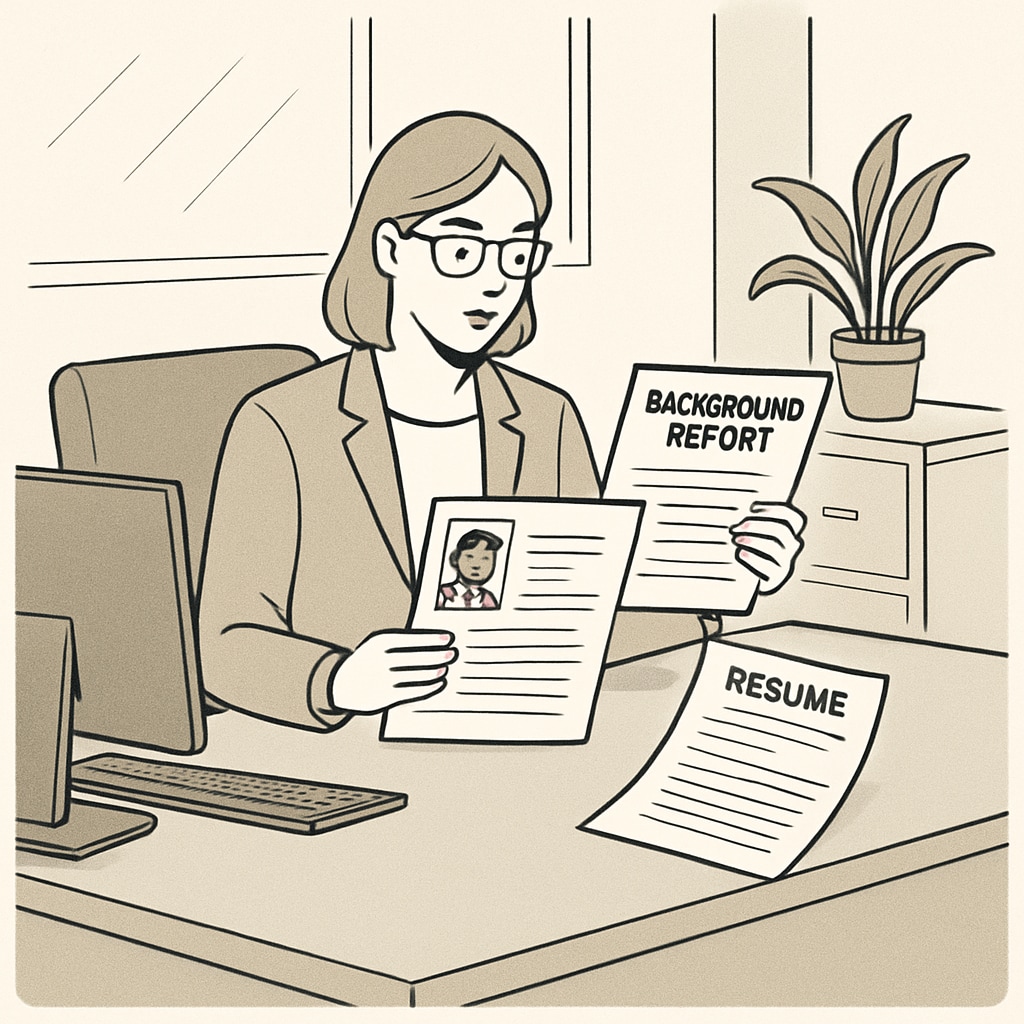 A professional office setting with an HR representative reviewing a candidate's resume and background report. An HR professional reviewing a candidate’s history, emphasizing how dishonesty can affect careers.