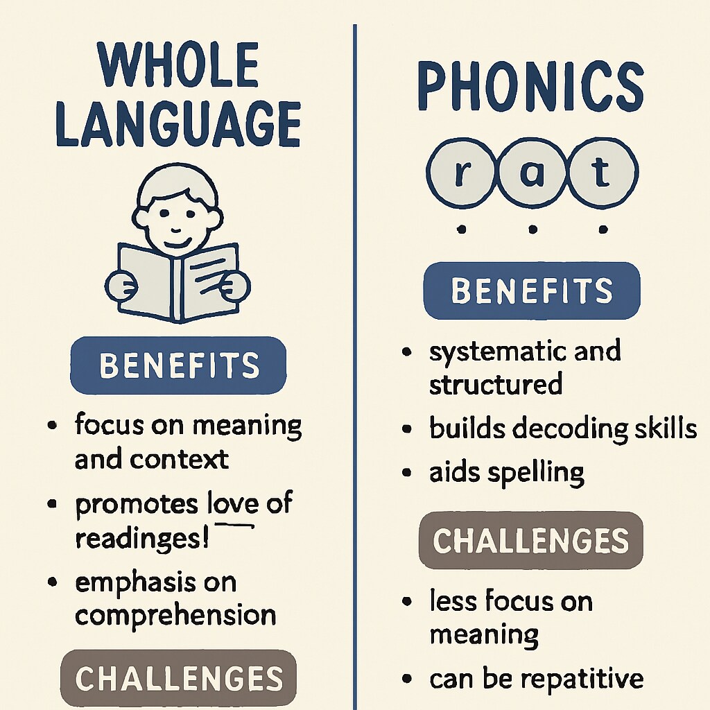 An infographic comparing whole language and phonics methods, highlighting key benefits and challenges. Infographic showing the comparison between whole language and phonics reading instruction methods.
