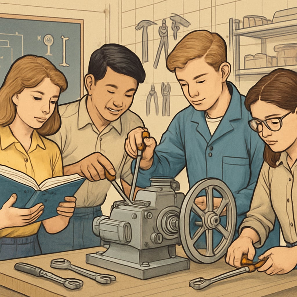 A group of high school students engaging in a hands-on mechanical engineering project, showcasing the importance of early exposure to technical disciplines. High school students working on a mechanical engineering project.