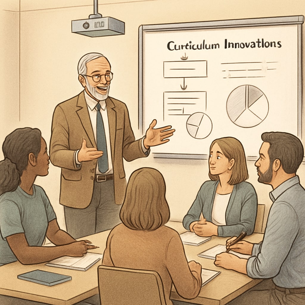 An experienced UC professor discussing curriculum innovations with K-12 teachers during a workshop. UC professor collaborating with K-12 educators.