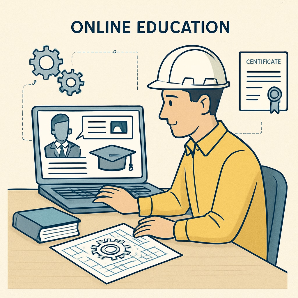 A mechanical engineering student working on an online certification program, symbolizing the growing role of online education in professional development. Mechanical engineering student completing an online certification program.
