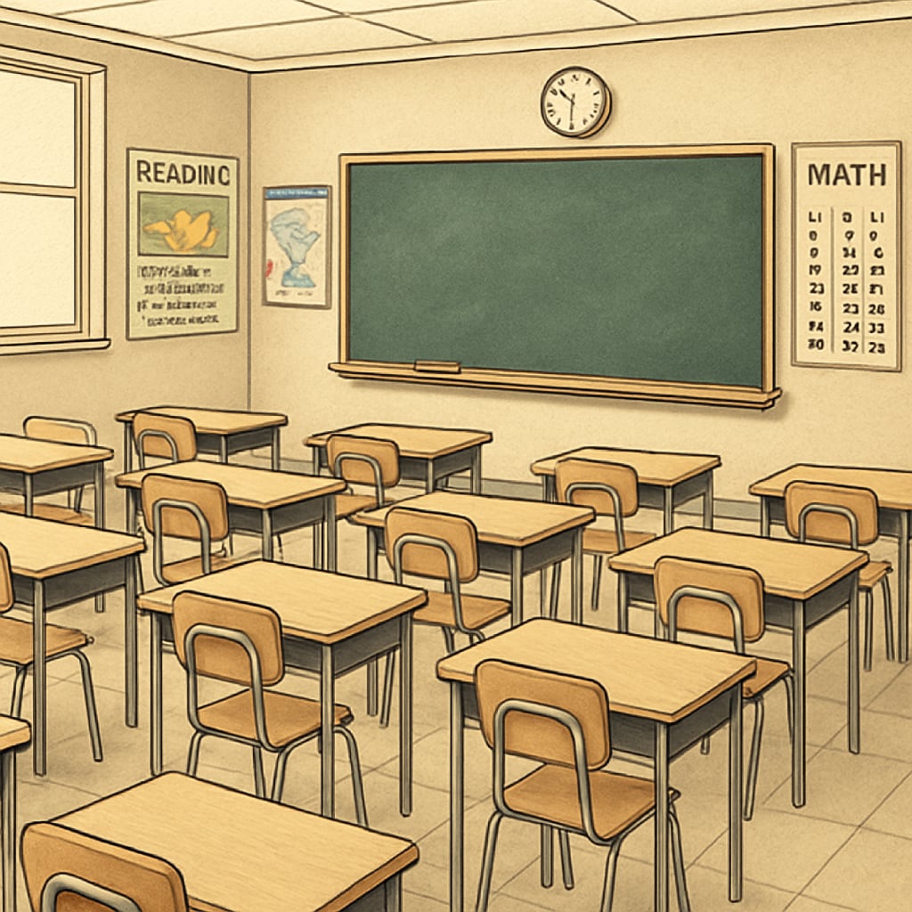 A classroom in a public school with empty desks, symbolizing declining enrollment due to education voucher programs. Empty desks in a public school classroom affected by education voucher programs.