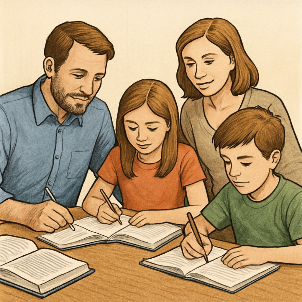 A family working together on homework, illustrating the principles from Family teamwork supporting study habits from