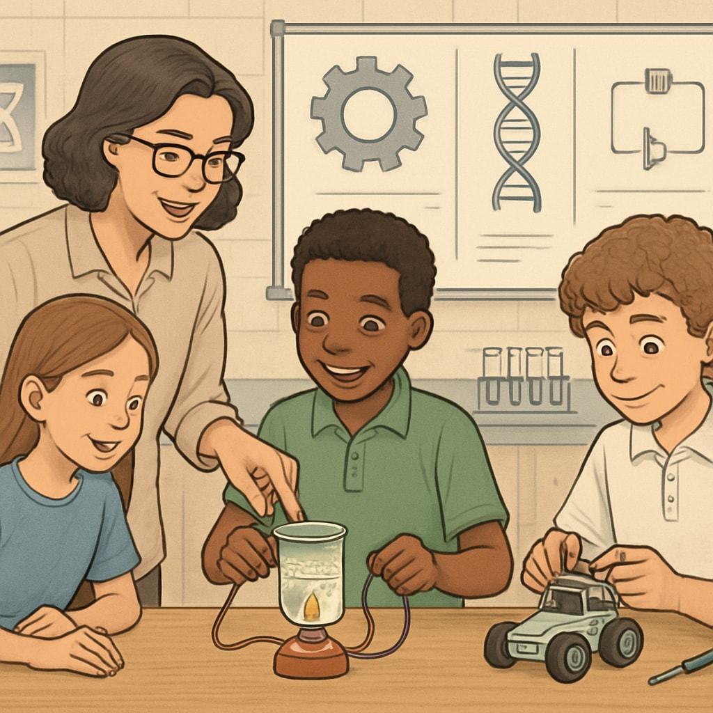 A teacher guiding students in a STEM lab, showcasing public school efforts to improve educational offerings. A teacher working with students in a STEM lab to highlight public school innovations.