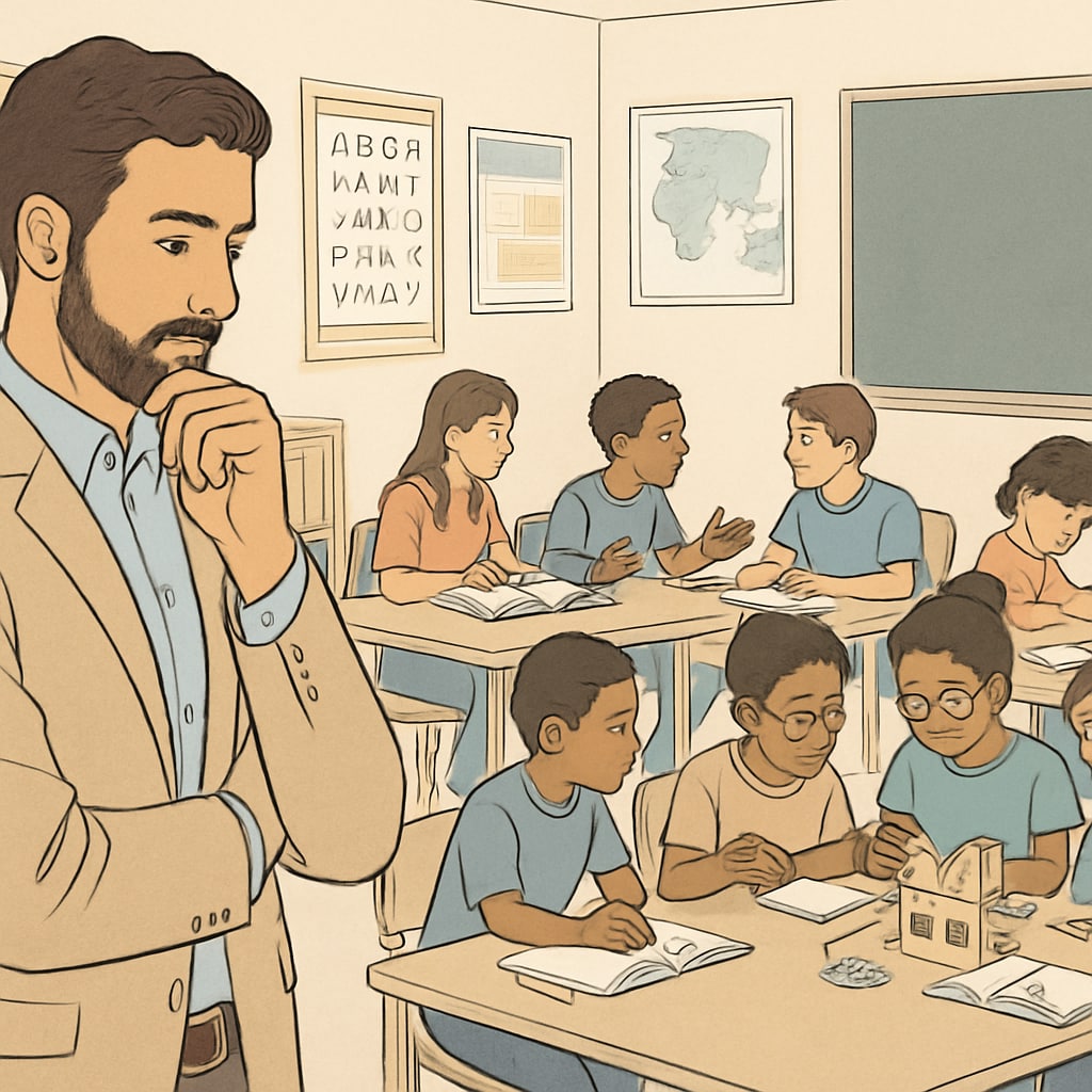A thoughtful teacher observing a diverse classroom with students engaging in different activities. The image highlights the need for inclusive education approaches. Teacher observing a diverse classroom, emphasizing the importance of inclusive education.