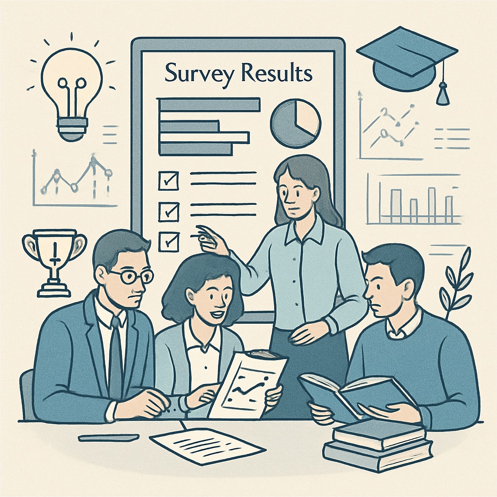 A group of educators analyzing survey results on a digital platform, symbolizing the use of data-driven tools in education research. Educators analyzing survey results for K12 research.