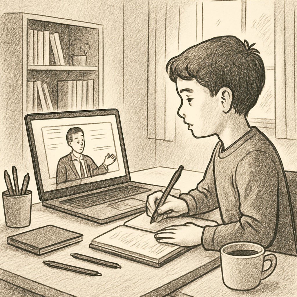 A student working on an online class from home with a laptop on a desk. Student attending an online public school from home using a laptop.