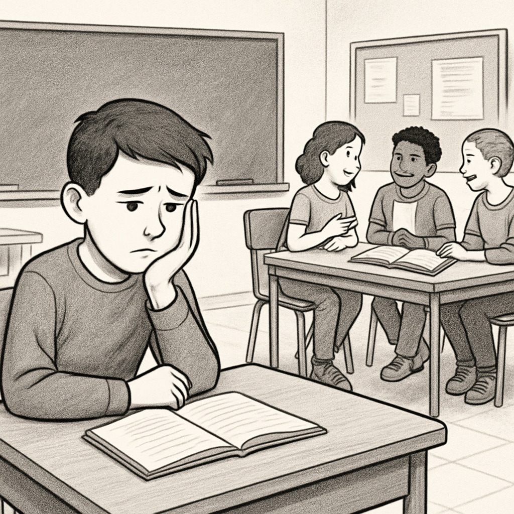 A student sitting alone in a classroom, looking discouraged as classmates collaborate. This image reflects the emotional impact of educational labels. A discouraged student sitting alone, illustrating the emotional effects of educational labels.