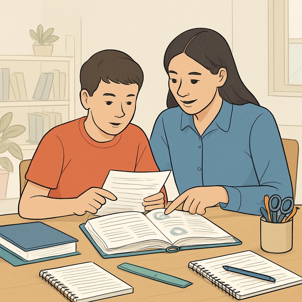 A student reviewing coursework with a parent, representing parental involvement in homeschool education. A parent and student discussing dual enrollment coursework for Khan World School and ASU.