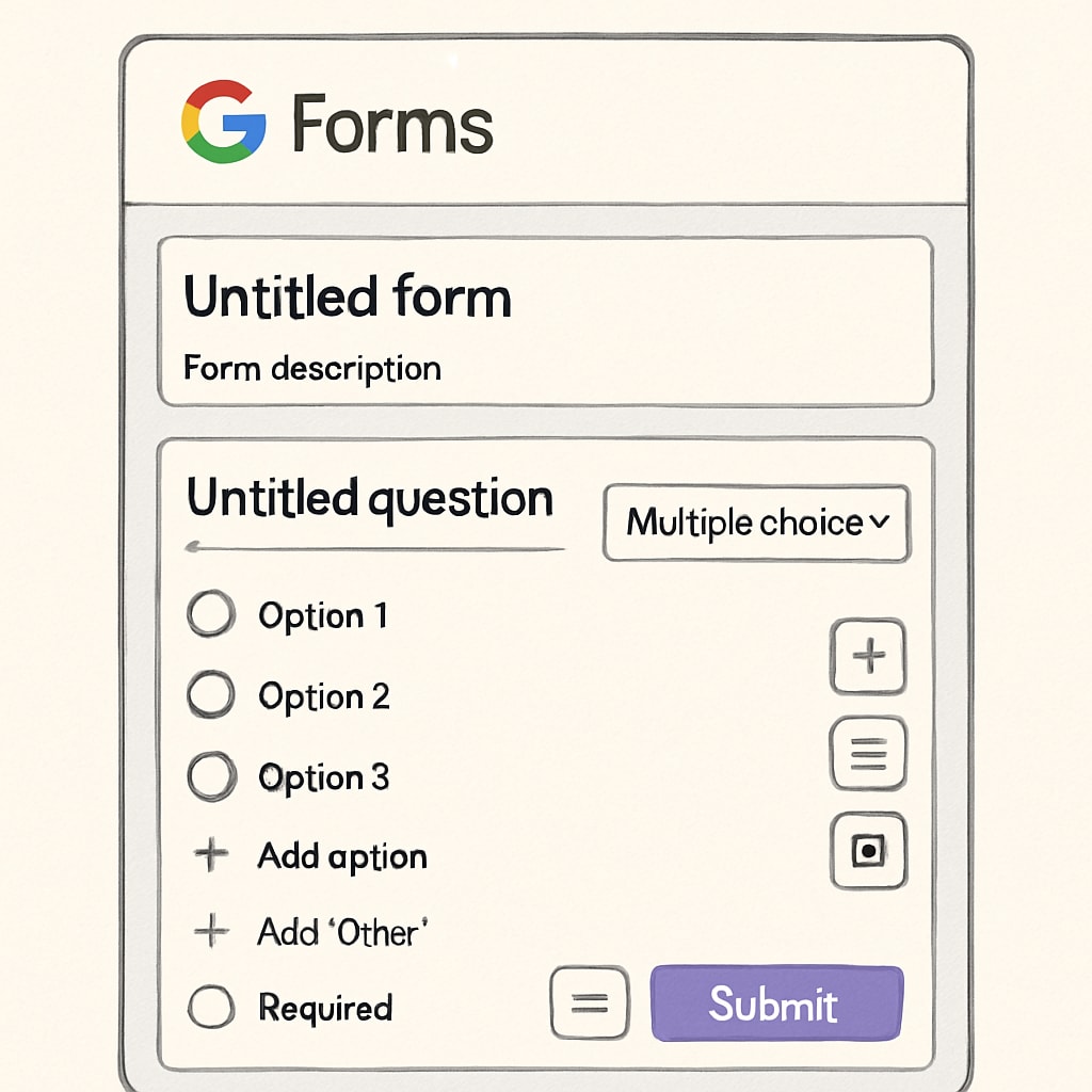 A screenshot of Google Forms displaying survey creation options, emphasizing its simplicity and utility for K12 educational research. Google Forms interface for creating surveys in education research.