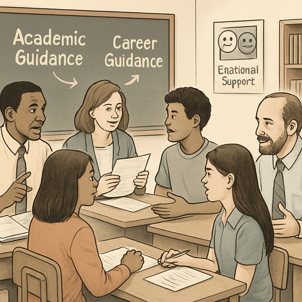 A team of counselors providing academic, emotional, and career advice to students in a school setting. Counselors supporting students in a school environment to foster academic completion.