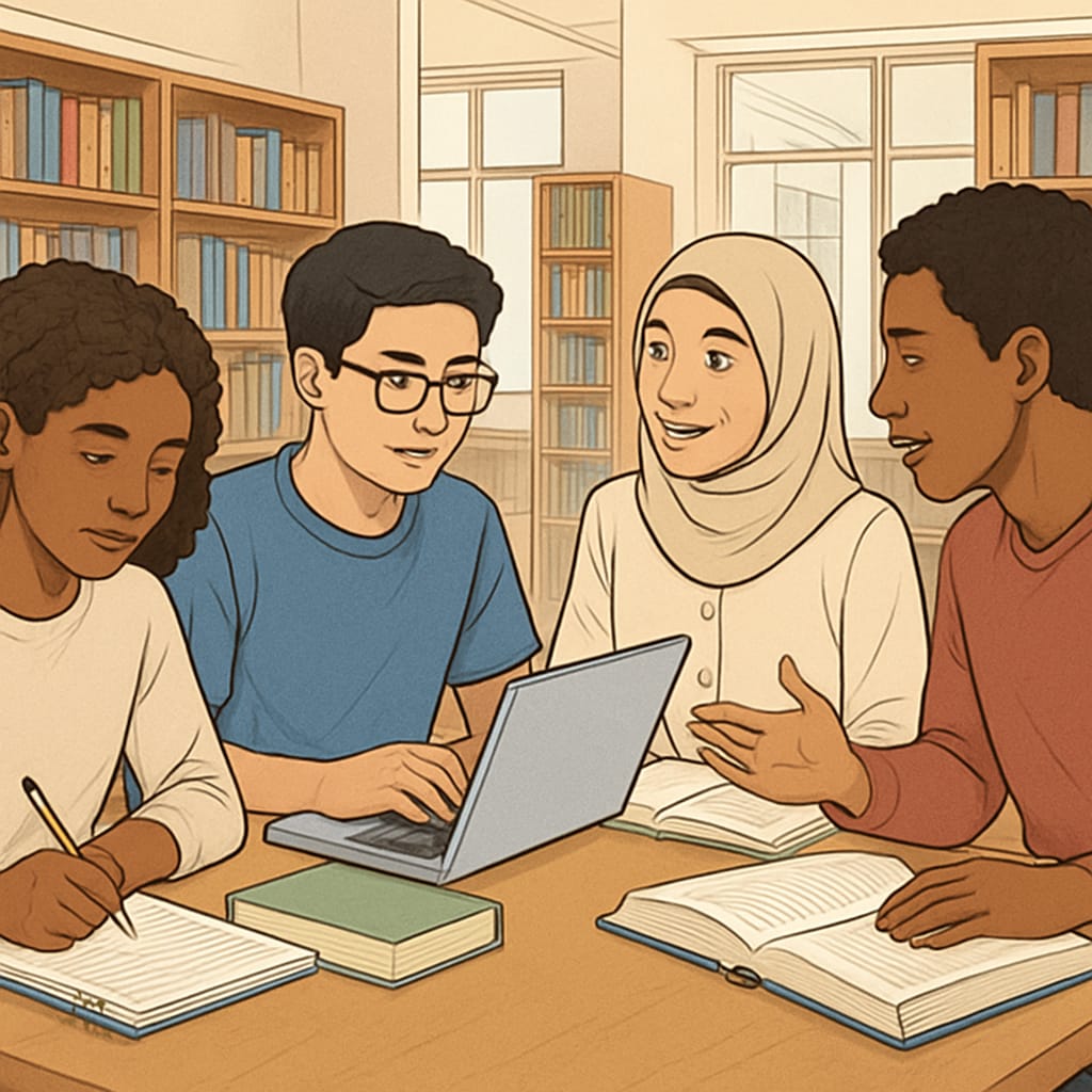 A group of diverse students studying together at a library table, each demonstrating different learning styles such as note-taking, typing, and discussing. A diverse group of students studying, showcasing various learning methods.