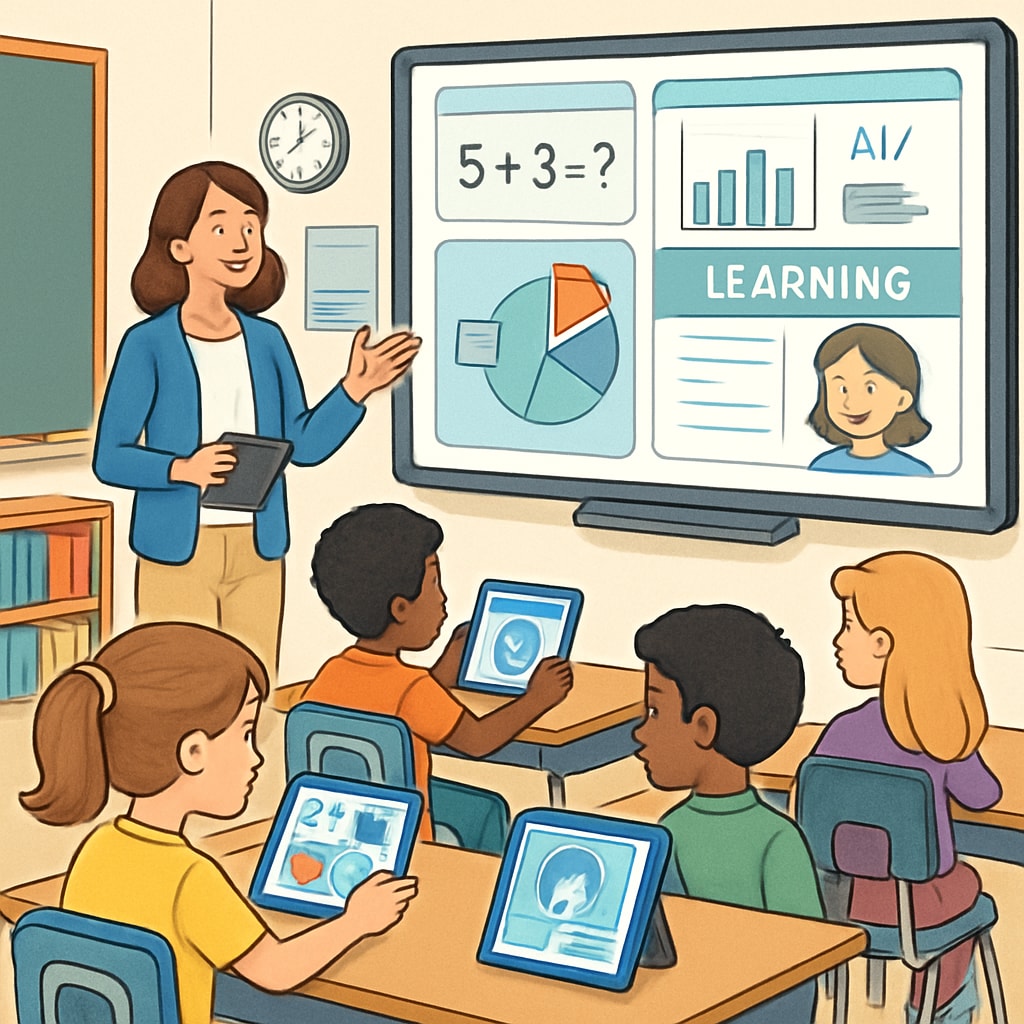 A classroom scene showcasing personalized learning technologies such as tablets and interactive software. Classroom with personalized learning tools aiding student engagement and success.