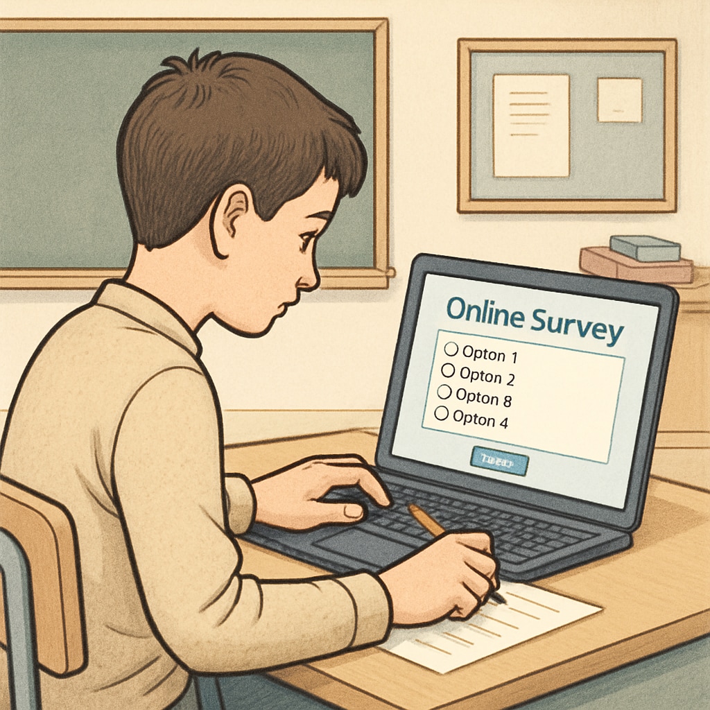 A student sitting at a desk, filling out an online survey on a laptop. The screen shows a simple questionnaire interface. A student participating in an online learning methods survey.