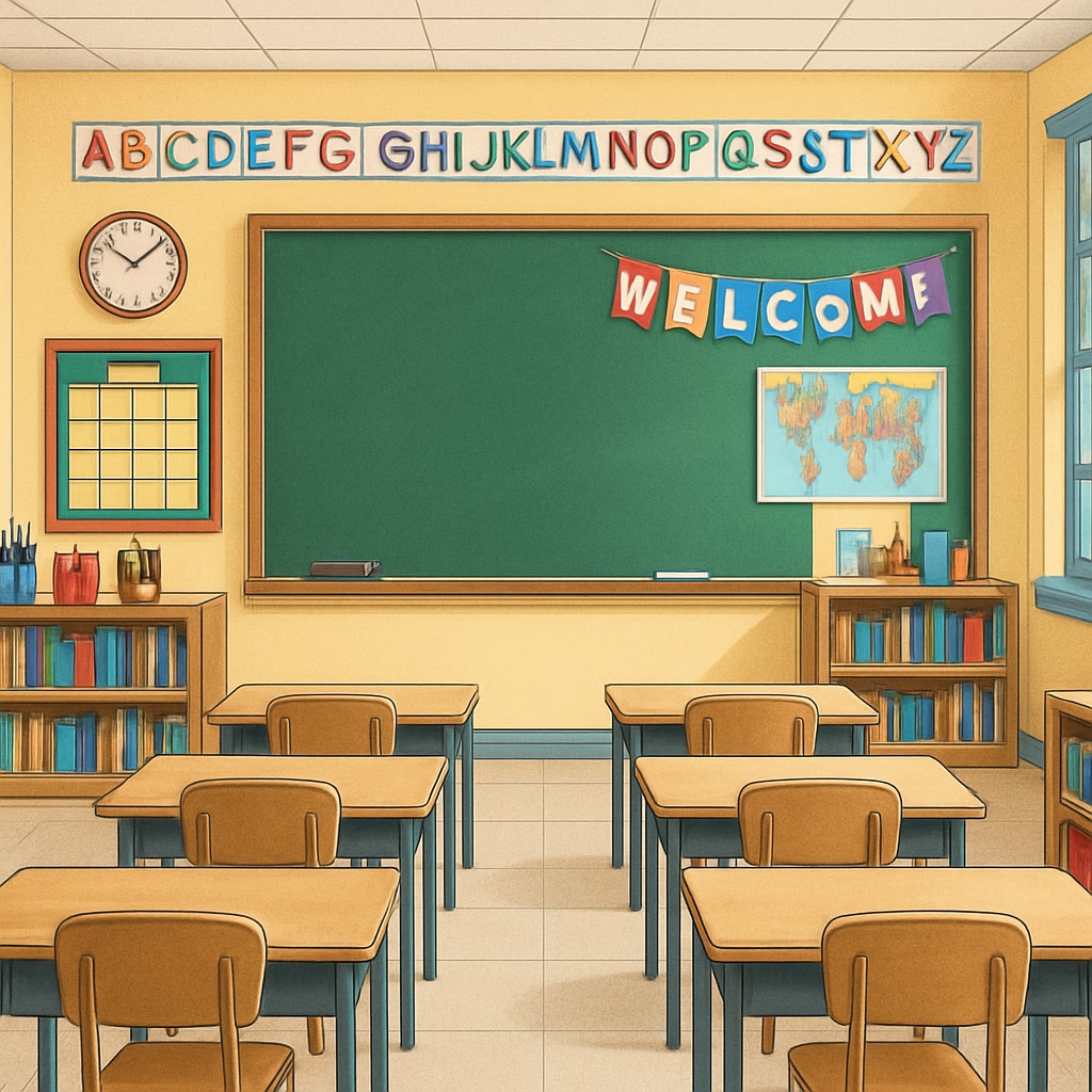 A bright and welcoming elementary school classroom with colorful decorations and neatly arranged desks. A colorful elementary school classroom emphasizing a positive learning environment.