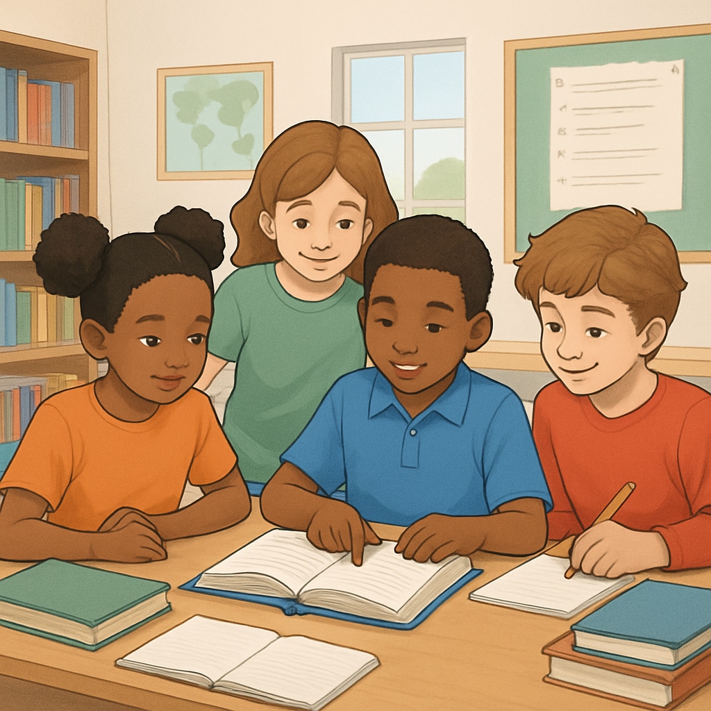 A diverse group of 5th-grade students working together on a reading assignment in a classroom setting. Students collaborating on a reading project in a 5th-grade ELA classroom.