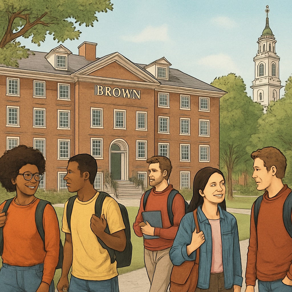 Brown University campus with diverse students walking, symbolizing inclusion.
