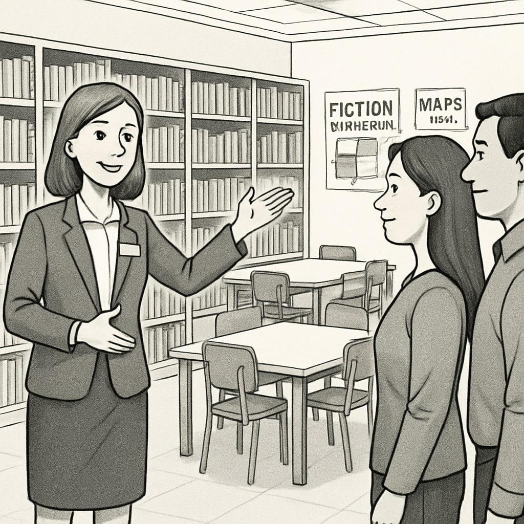 A school administrator giving a guided tour to parents, pointing out features of the school’s library. A parent tour of a public elementary school led by an administrator.