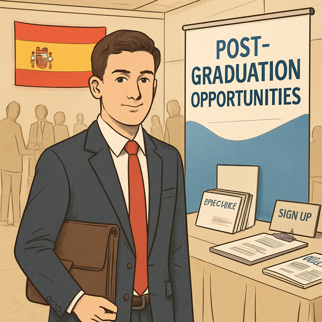 A young professional in Spain attending a career fair, representing post-graduation opportunities. A career fair for young graduates in Spain.