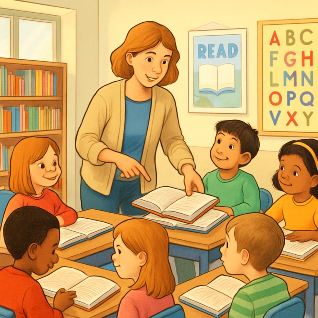 A teacher guiding small groups of students during a reading workshop in an interactive classroom environment. Teacher facilitating small group discussions during a 5th-grade reading workshop.