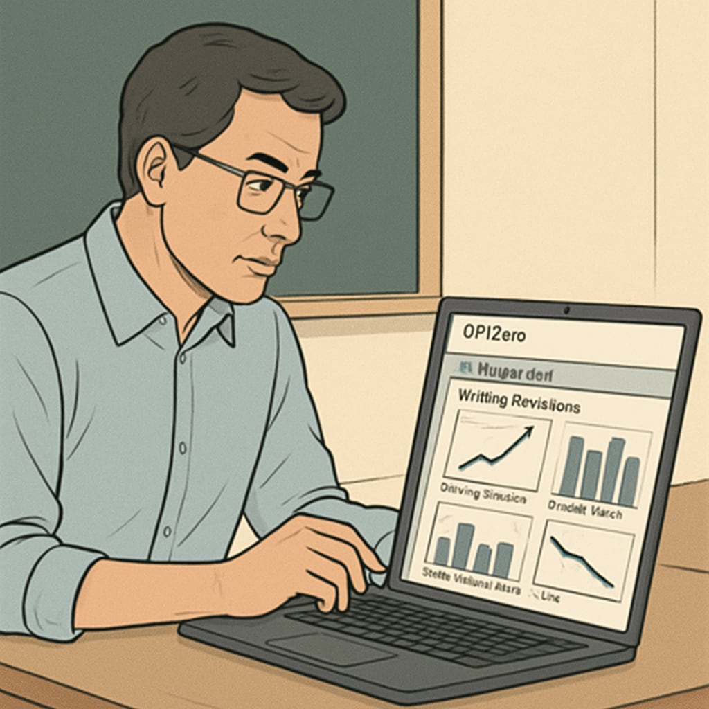 A teacher analyzing writing data on GPTZero, displayed on a laptop screen. The interface shows tracked writing revisions. Teacher using GPTZero to monitor student writing progress in real time.