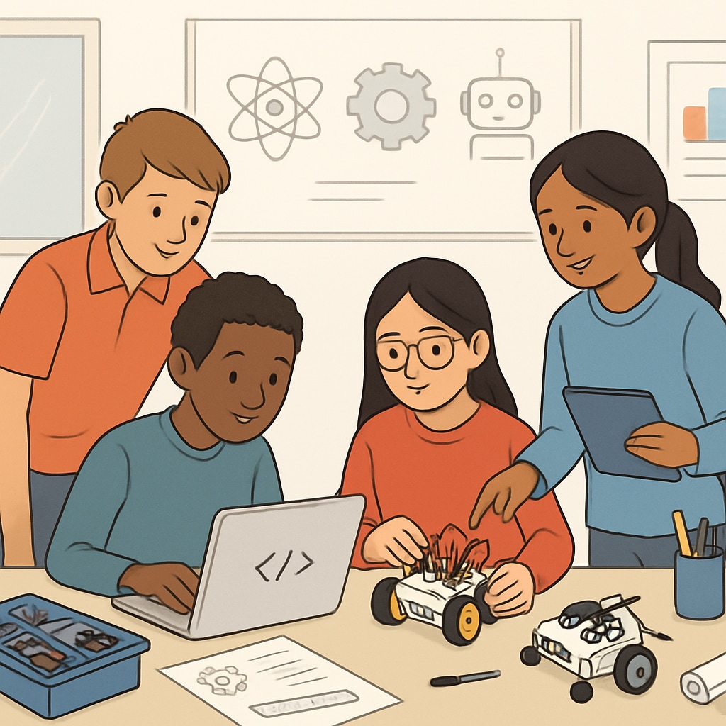 Students engaging in hands-on STEM activities, such as coding and robotics, during a workshop.