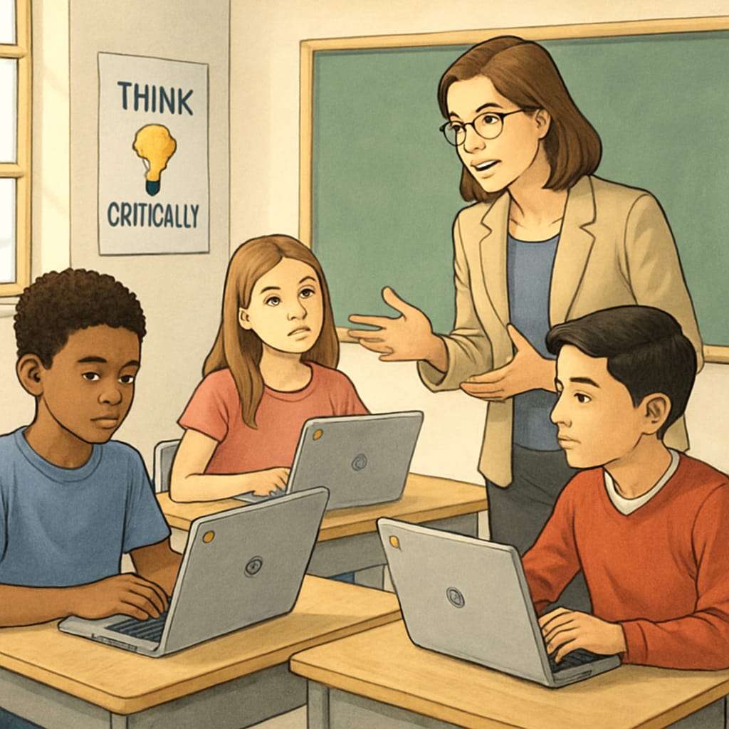 A classroom scene featuring students using Chromebooks, with a teacher guiding critical thinking discussions. Students using Chromebooks in a classroom setting with critical thinking discussions.
