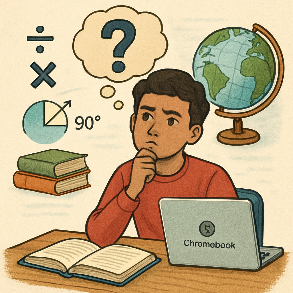A student pondering a complex question while using a Chromebook, symbolizing the interplay between technology and deep thinking. A student analyzing a question using a Chromebook, representing the balance between technology and critical thinking.