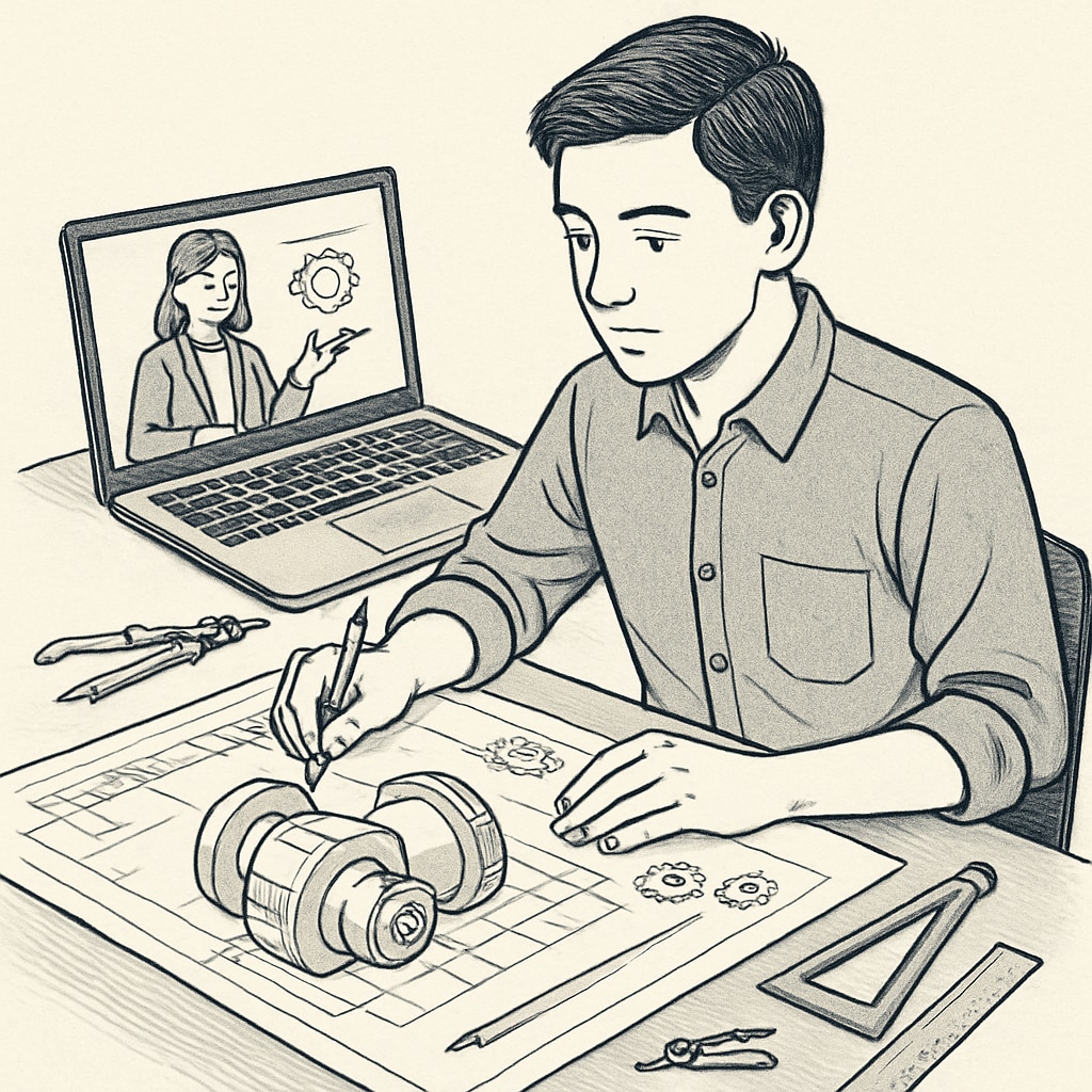 Engineering student multitasking with mechanical design and online coursework