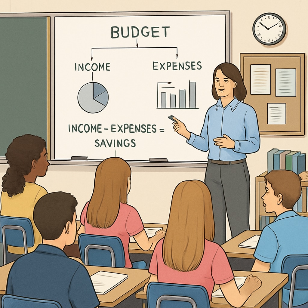 Financial literacy lesson in a classroom, emphasizing budgeting and money management.