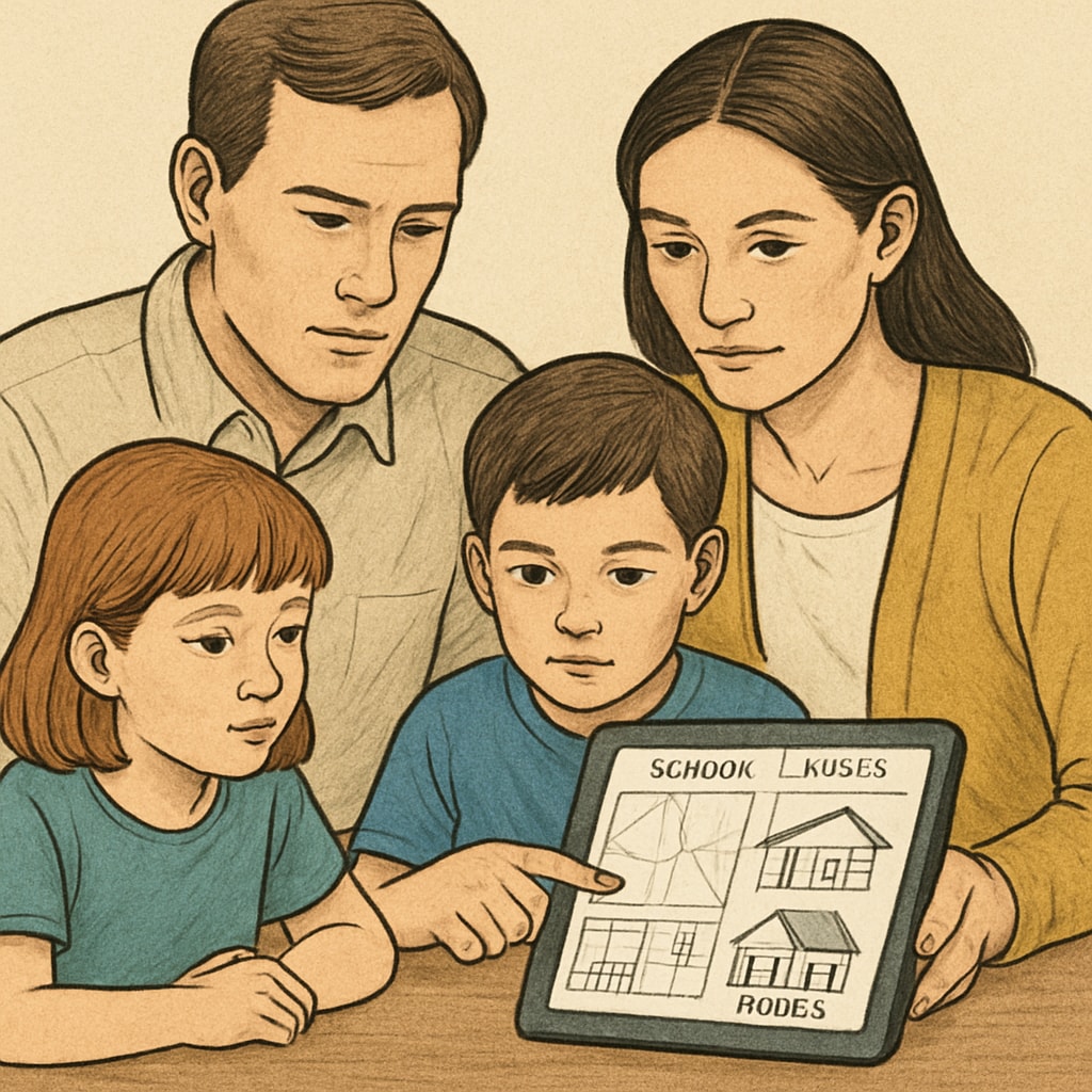 Family considering housing and school district maps.