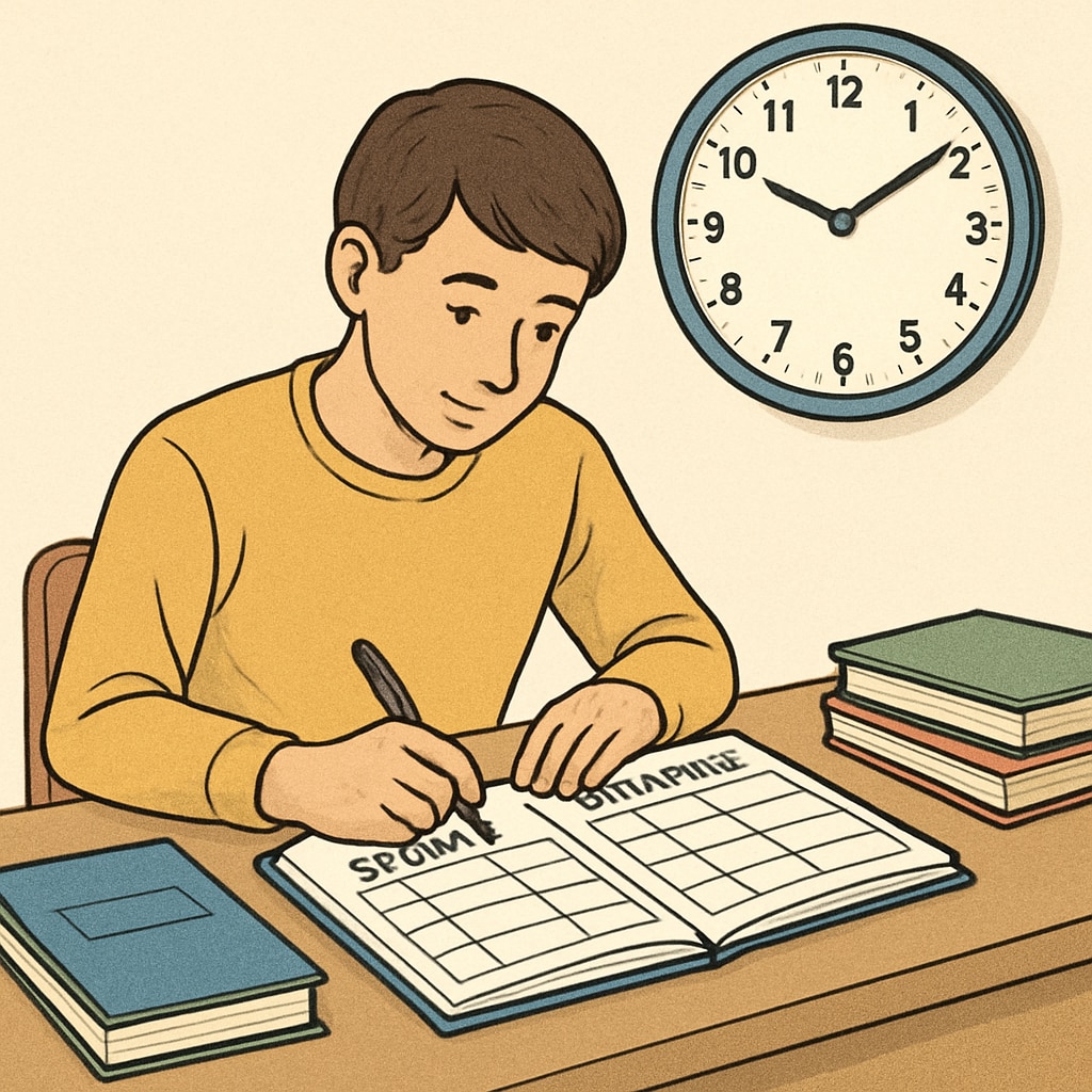 Student planning time management with clock and planner.