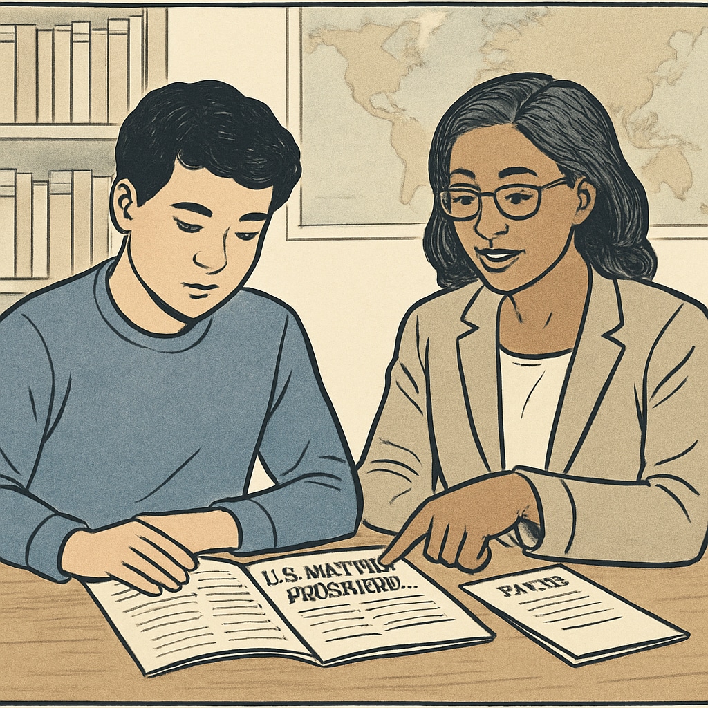 A student reviewing brochures about U.S. master's programs with guidance from an advisor. Student and advisor discussing U.S. master's program brochures.