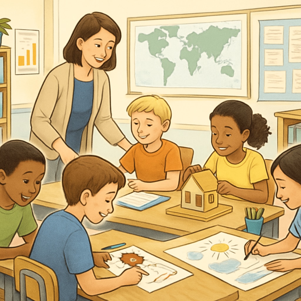 A classroom environment where students are engaged in project-based learning, emphasizing critical thinking and teamwork. Students collaborating in a classroom setting to develop real-world problem-solving skills.