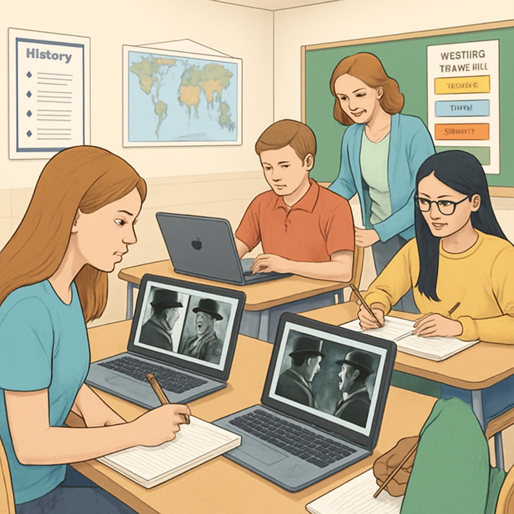 High school students analyzing films using AI writing prompts and teaching resources.