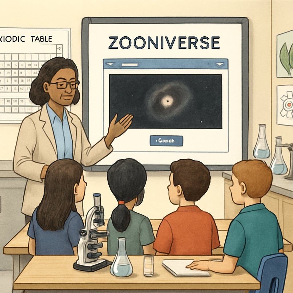 A teacher guiding students through a Zooniverse project on a smartboard in a science classroom. Teacher demonstrating Zooniverse citizen science project to students.