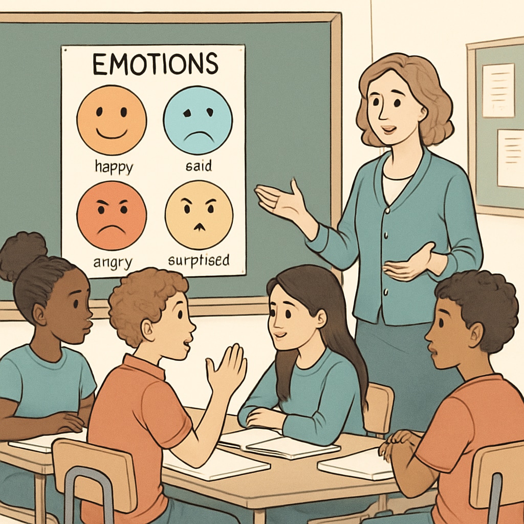 Classroom discussion on emotions with diverse students, focusing on emotional regulation and development.