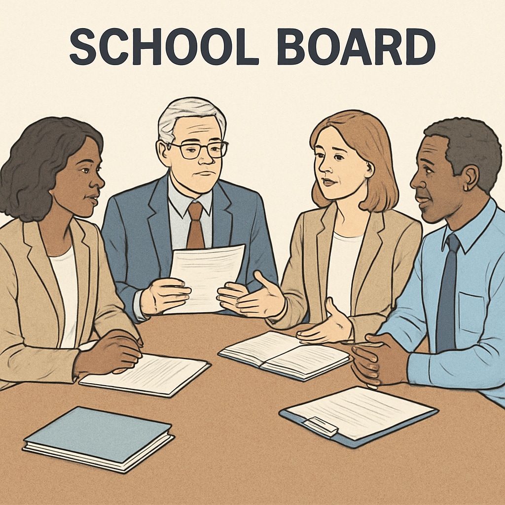 A diverse group of school board members sitting around a table discussing governance strategies. School board members discussing governance strategies to improve effectiveness.
