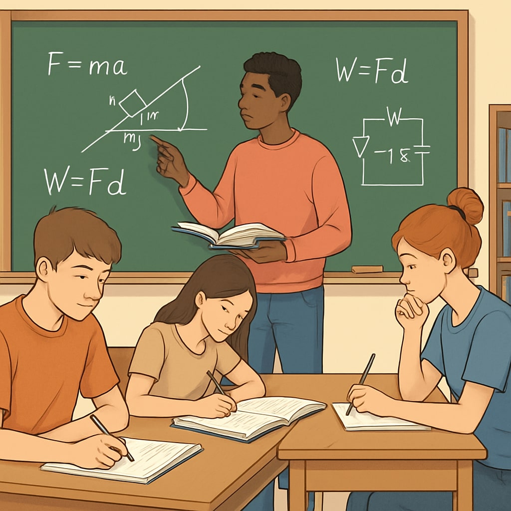 A classroom setting with students working on physics problems, symbolizing academic challenges. Students working on AP Physics problems in a classroom, highlighting academic struggles.