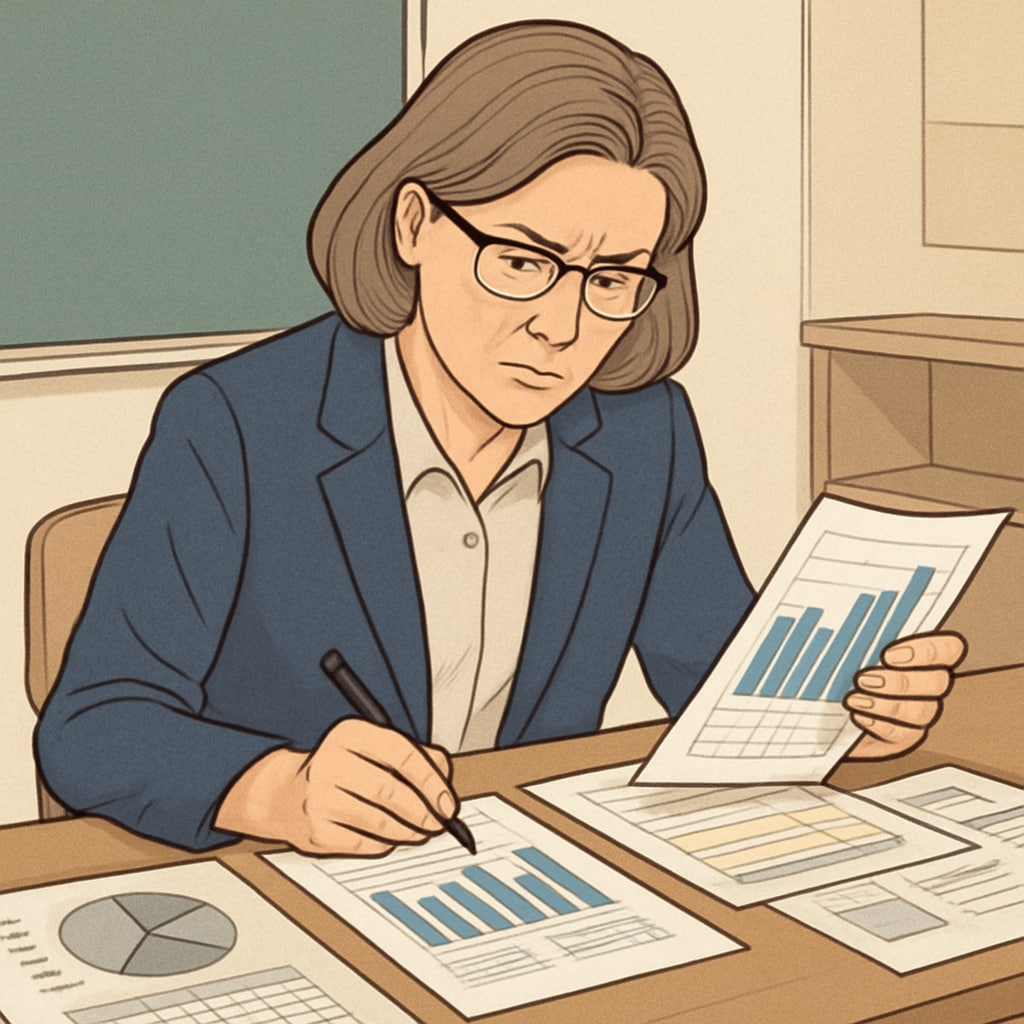 A school board member reviewing financial reports and data during a meeting. School board member analyzing data to make informed decisions.