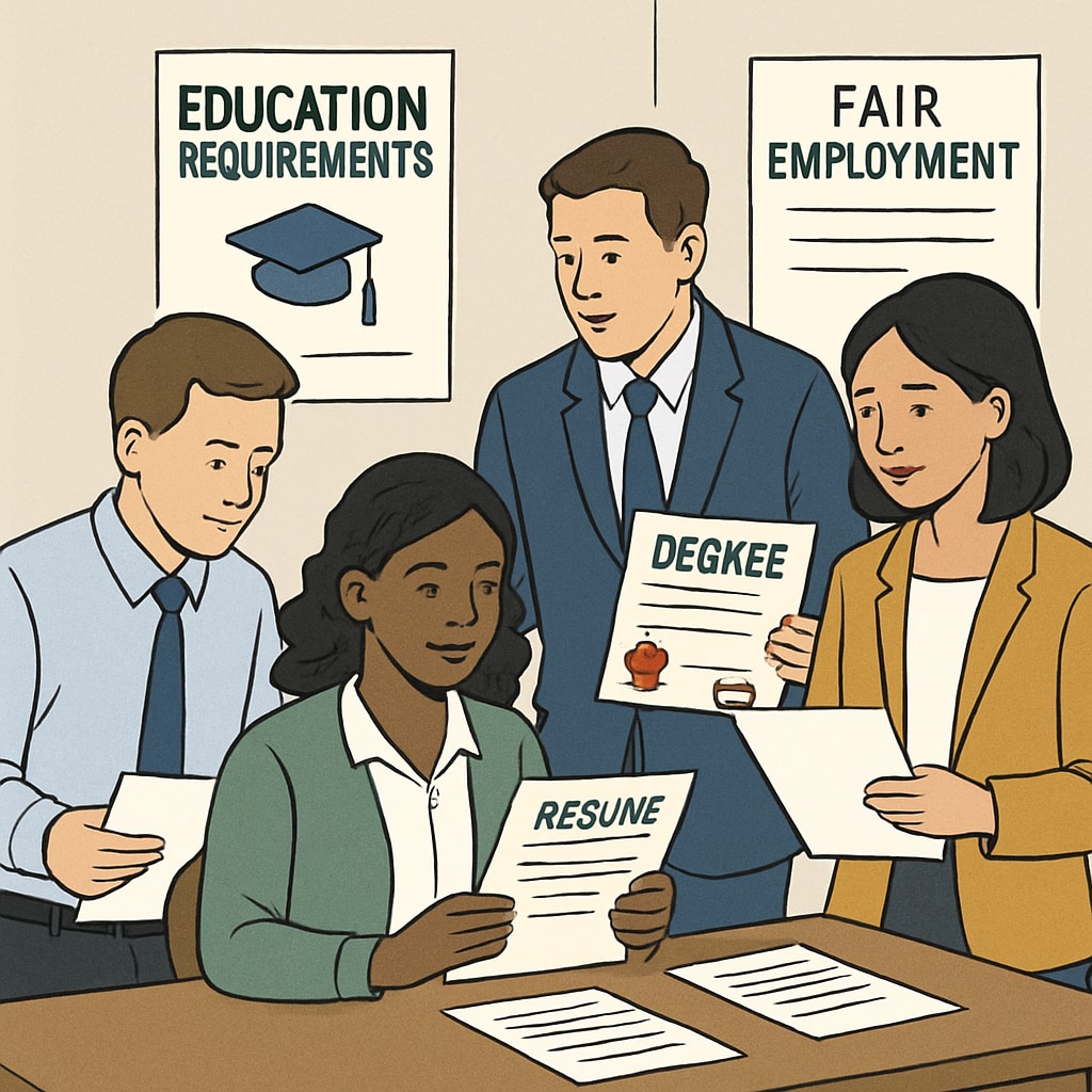 Employees in a workplace discussing credentials, showing education requirements and employment discrimination.