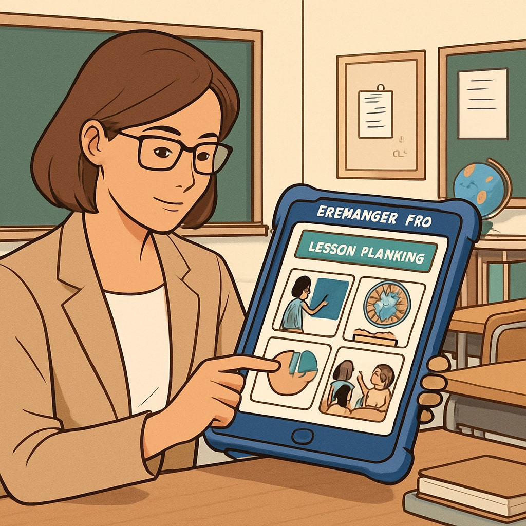 A teacher using a tablet with EdChanger Pro to plan lessons in a classroom setting. This image highlights the tool’s classroom-friendly design. Teacher using EdChanger Pro educational tool on a tablet in a classroom.
