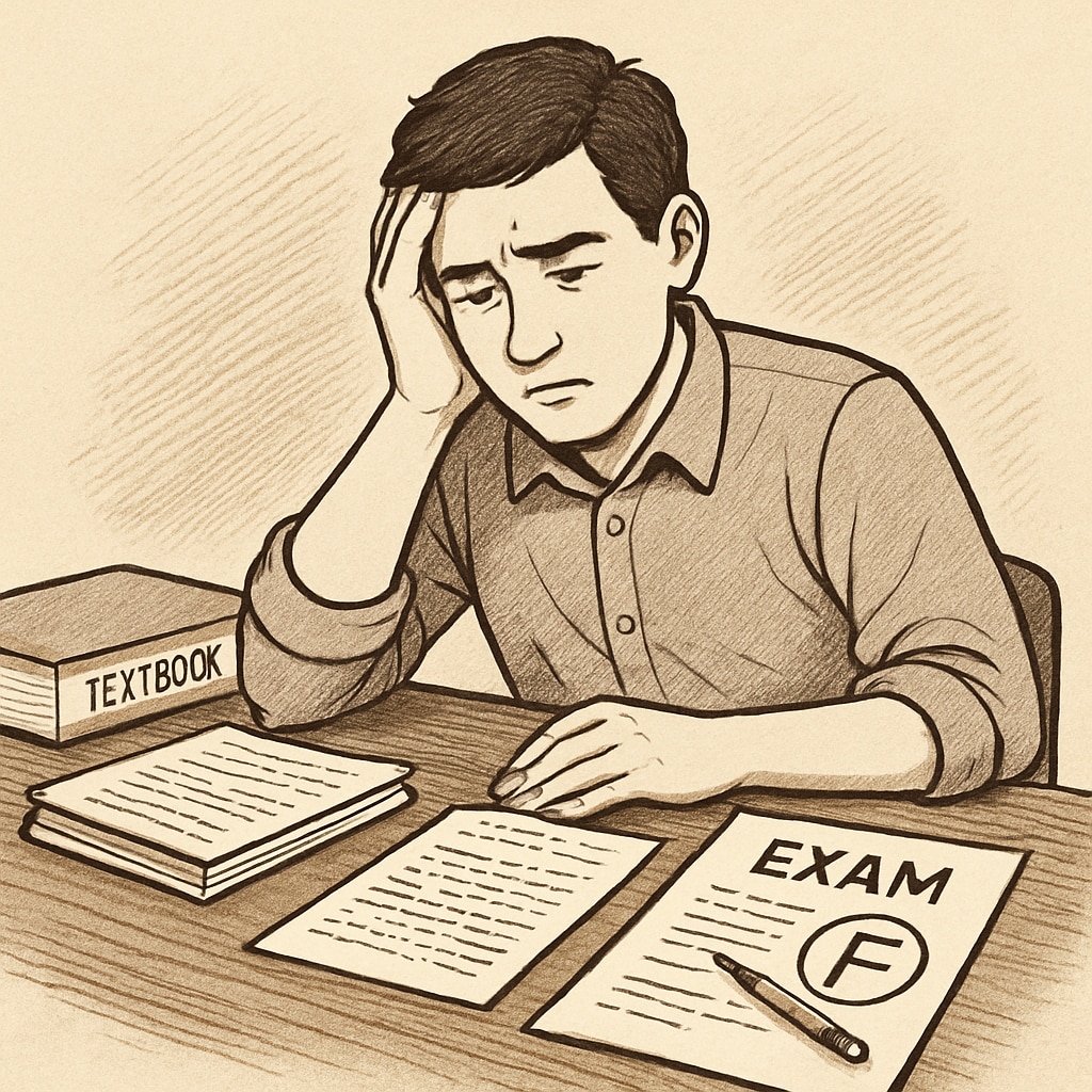 A frustrated student reviewing exam materials, representing the struggles of grade appeals. A student analyzing exam questions, reflecting on grade appeal challenges in AP Physics C.