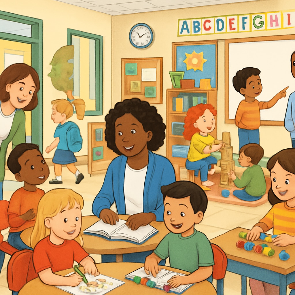 A welcoming elementary school environment with children and teachers engaging in activities. The image reflects the importance of a positive school atmosphere. Public elementary school environment with children and teachers