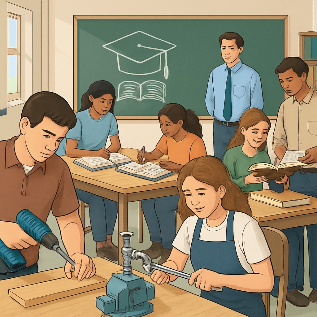 Students in a classroom combining vocational and academic learning, emphasizing K12 and higher education integration.