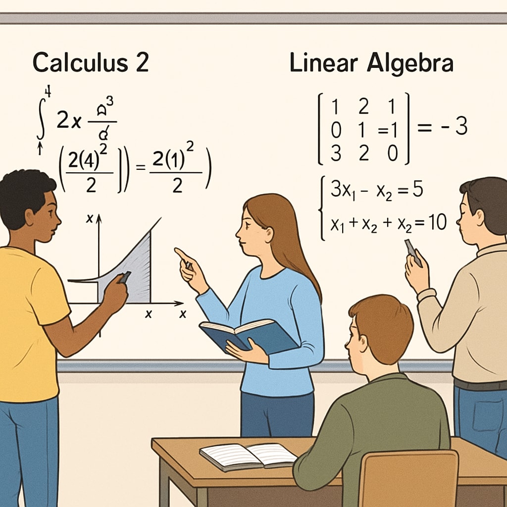 A classroom setting with students solving mathematical problems on a whiteboard, illustrating the application of Calculus 2 and Linear Algebra. Students working on math problems related to Calculus 2 and Linear Algebra in a classroom setting.